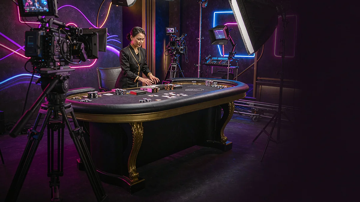 Camera and studio lighting facing a casino table — 92pkr guidance Camera and studio lighting facing a casino table