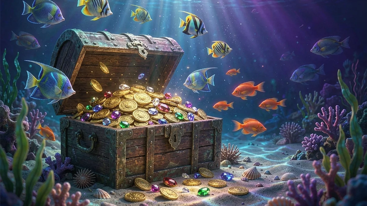 Open treasure chest with coins and fish underwater